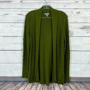 Knit green sweater with suede elbow patches